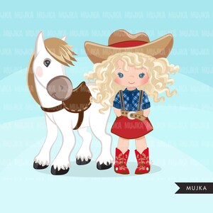 May include: A blonde girl wearing a red and blue plaid shirt, a brown cowboy hat, a red skirt, and red cowboy boots stands next to a white horse with a brown saddle.