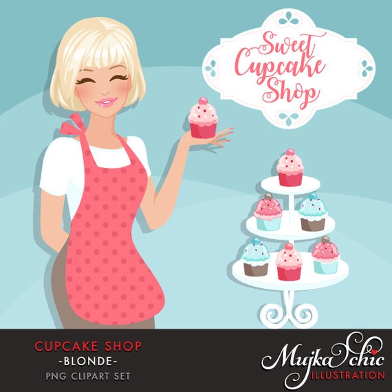Cupcake Shop Owner Avatar. Blonde woman holding a cupcake, Sweet Cupcake shop frame. Character Graphic, BAKE SHOP, baking clipart, pink Il_570xn