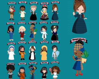 Women's History Month figures PNG clipart bundle, Marie Curie, Ada Lovelace, Mother Teresa, Virginia Woolf, Rosa Parks, Anne Frank image PNG