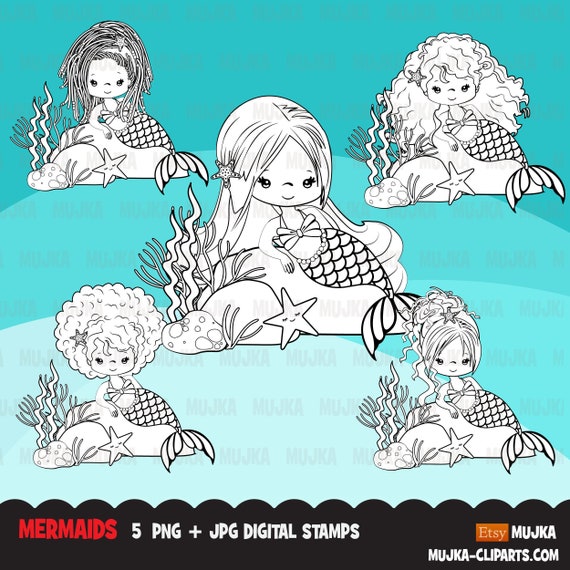 Mermaid Digital stamps, black & white marine graphics, princess coloring book art outline clipart Il_570xn