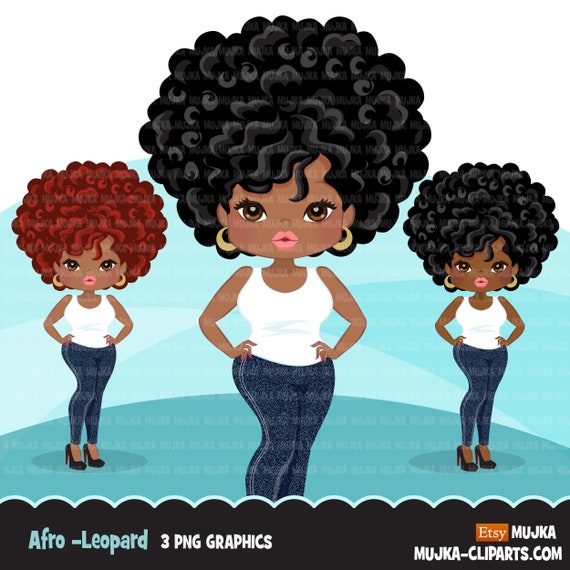 Afro woman clipart with jeans and t-shirt African-American graphics, print and cut PNG T-Shirt Designs, Black Girls clip art Il_570xn