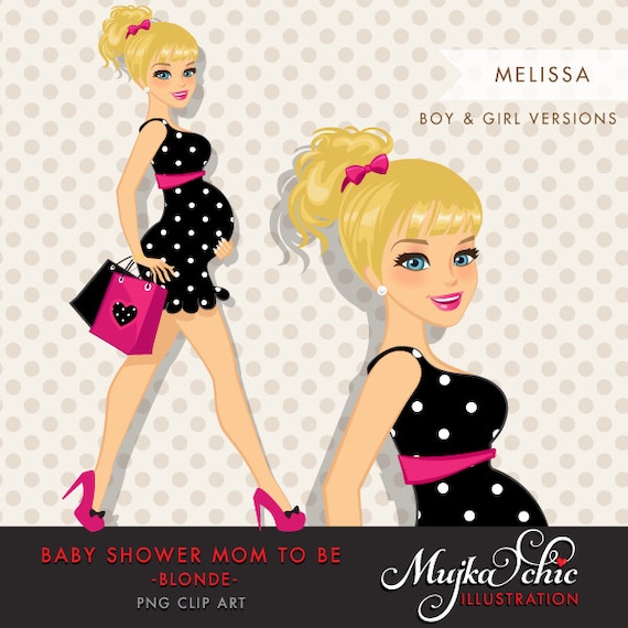 Blonde Pregnant Woman Character walking with gift bags Clipart. Baby Shower Party Invitation Character. Teal Blue, Hot Pink,Polka dots Il_570xn