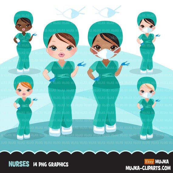 Nurse clipart with mask green scrubs, hospital graphics, print and cut PNG digital Designs, Medical clip art Il_570xn