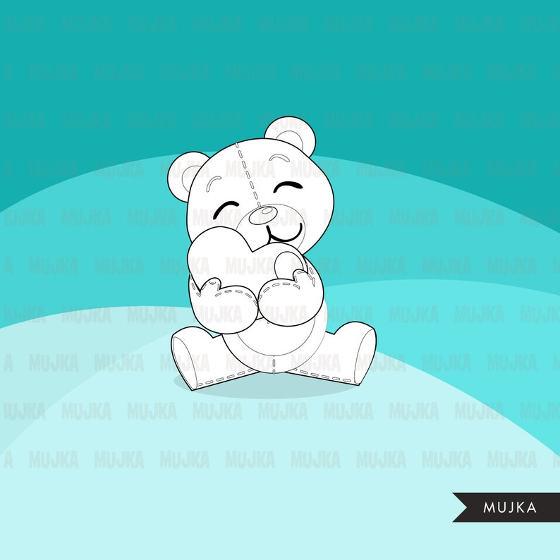 May include: A black and white line drawing of a teddy bear holding a heart. The bear is sitting on a blue background.