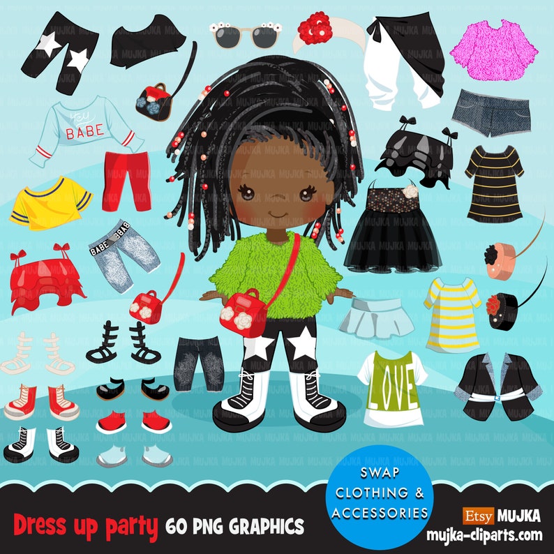 Clipart PNG di bambole di carta per ragazze nere, abiti alla moda, ragazze carine, scambia vestiti immagine 1