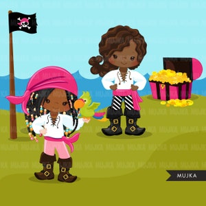 May include: Two cartoon girls dressed as pirates. One girl is wearing a pink hat and holding a green parrot. The other girl is wearing a black and white striped shirt and a pink sash. Both girls have brown skin and black hair. The girls are standing on a green grassy field with a treasure chest in the background.