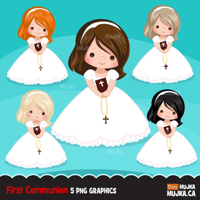 May include: Five digital illustrations of girls in white dresses holding a brown book and a gold chain with a cross pendant. The girls have different hair colors: orange, brown, blonde, black, and light brown. The background is turquoise.