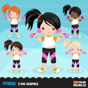 May include: Five digital illustrations of girls exercising with pink dumbbells. The girls are wearing black and pink workout clothes and have different hair colors and skin tones. The illustrations are on a light blue background.