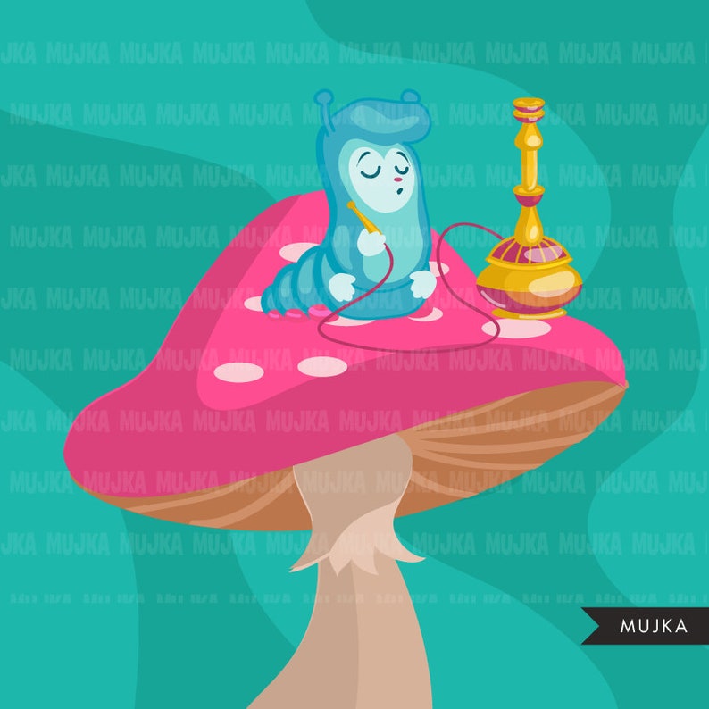 May include: A whimsical illustration of a blue caterpillar smoking a hookah pipe while sitting on a pink mushroom with white spots. The hookah is gold and red. The background is teal. The word "MUJKA" is in the bottom right corner.