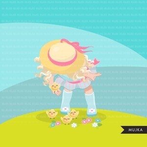 Spring girl with chicks Clipart. Cute spring illustration, little girl Easter animals egg hunt characters, Sublimation Designs, image 2