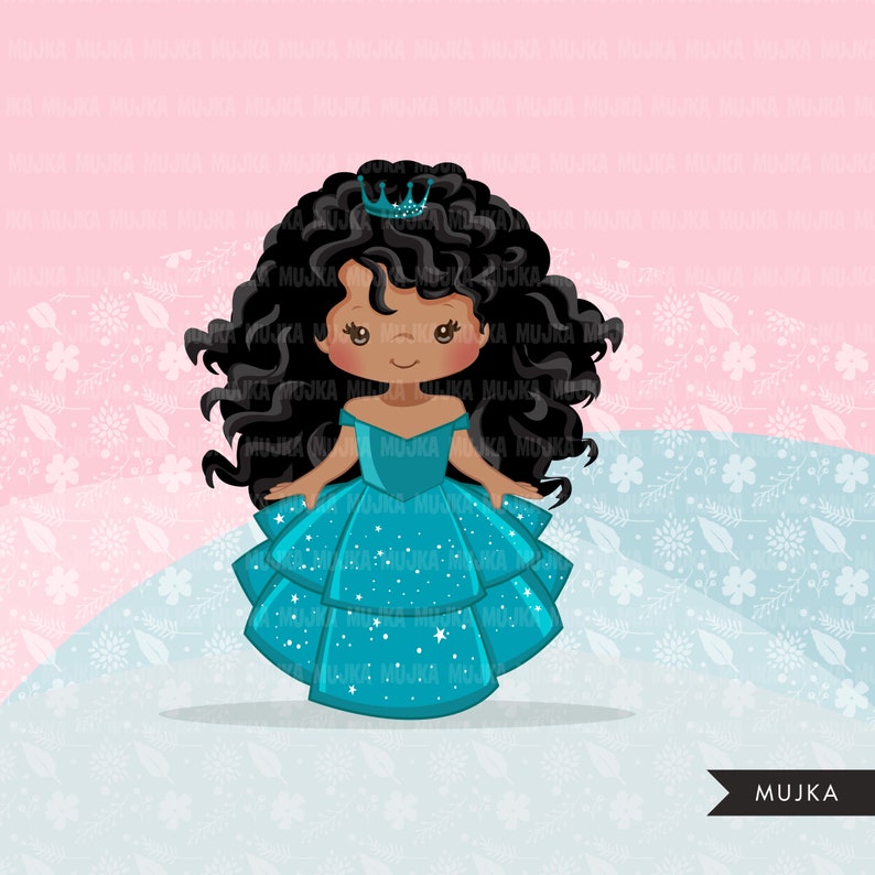 May include: A cartoon illustration of a young girl with long, curly black hair wearing a blue sparkly dress and a blue crown. The girl is standing on a light blue background with a white floral pattern.