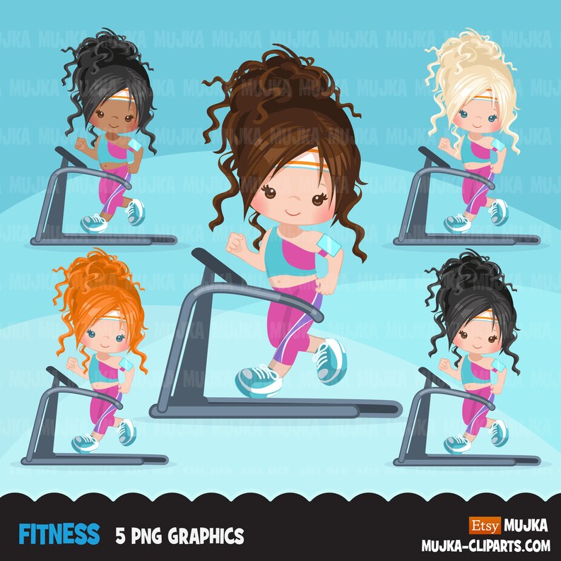May include: Five digital illustrations of girls running on treadmills. Each girl has a different hair color and style. The girls are wearing pink and blue workout clothes. The treadmills are gray and black.