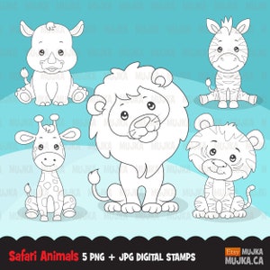 May include: Five black and white line drawings of safari animals: a rhinoceros, a lion, a giraffe, a zebra, and a tiger. The animals are all sitting down and facing forward. The drawings are simple and cute, and they would be perfect for coloring pages or craft projects.