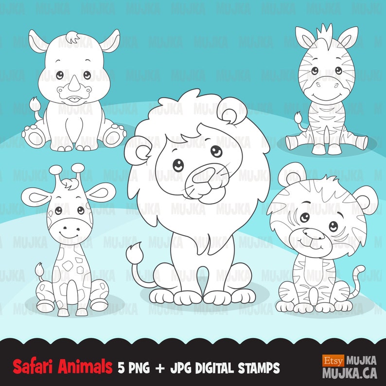 May include: Five black and white line drawings of safari animals: a rhinoceros, a lion, a giraffe, a zebra, and a tiger. The animals are all sitting down and facing forward. The drawings are simple and cute, and they would be perfect for coloring pages or craft projects.