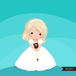 May include: A young girl in a white dress with a lace trim holds a brown book with a cross on the cover. She is wearing a gold chain with a cross pendant. The background is a turquoise blue.