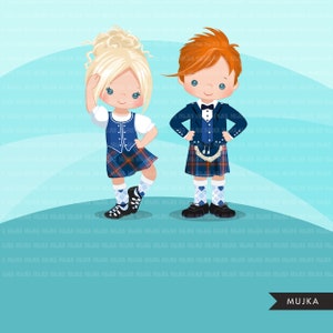 Highland dancers clipart. Cute Scottish dancers with kiltie, blue dancing outfit, school activity, Scottish girl, Scotland tradition graphic image 2