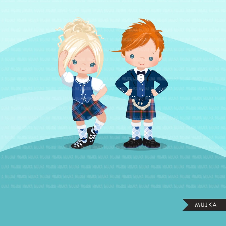 Highland dancers clipart. Cute Scottish dancers with kiltie, blue dancing outfit, school activity, Scottish girl, Scotland tradition graphic image 2