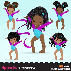 May include: Six digital illustrations of girls in gymnastics leotards. The girls have different hairstyles and are in various poses. The leotards are pink and blue with a white trim. The background is light blue. Gymnastics 6 PNG Graphics.