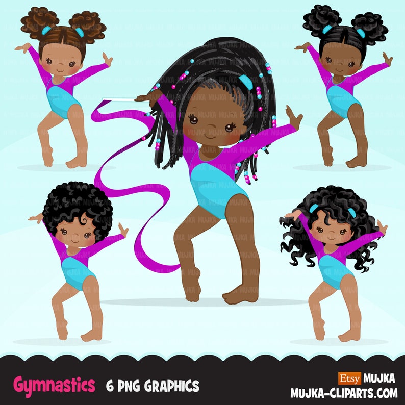 May include: Six digital illustrations of girls in gymnastics leotards. The girls have different hairstyles and are in various poses. The leotards are pink and blue with a white trim. The background is light blue. Gymnastics 6 PNG Graphics.
