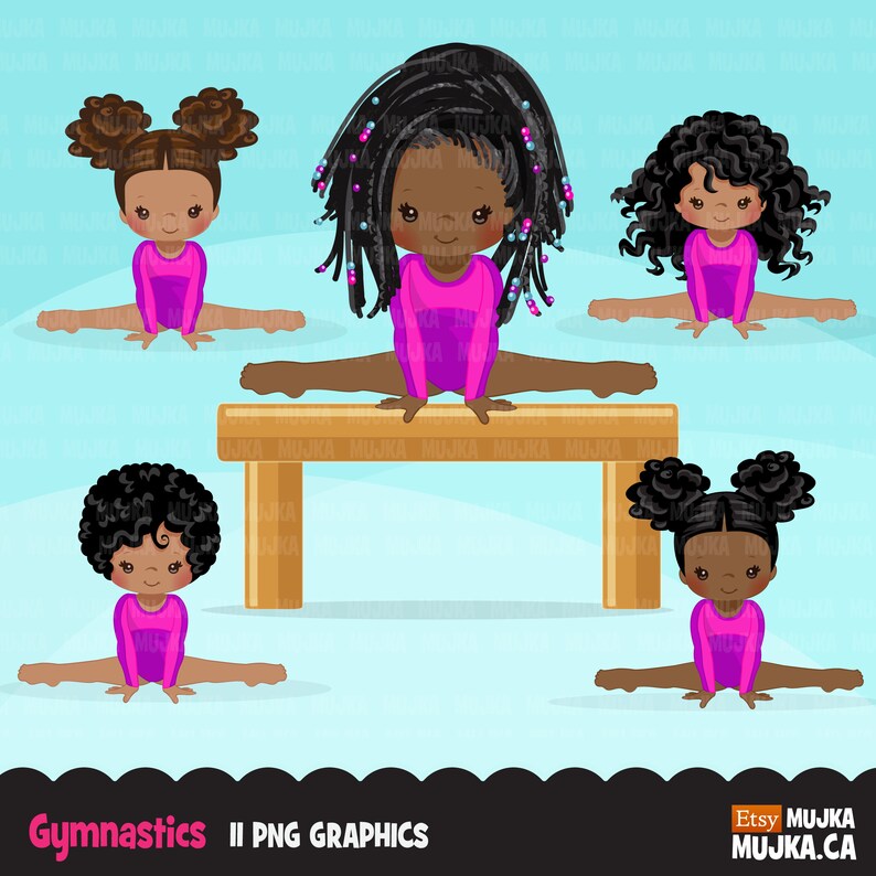 May include: Four Black girls in pink leotards are performing gymnastics. Two girls are doing the splits on the floor, one is on a balance beam, and one is doing the splits on the floor. The girls have different hairstyles, including pigtails, braids, and curly hair.