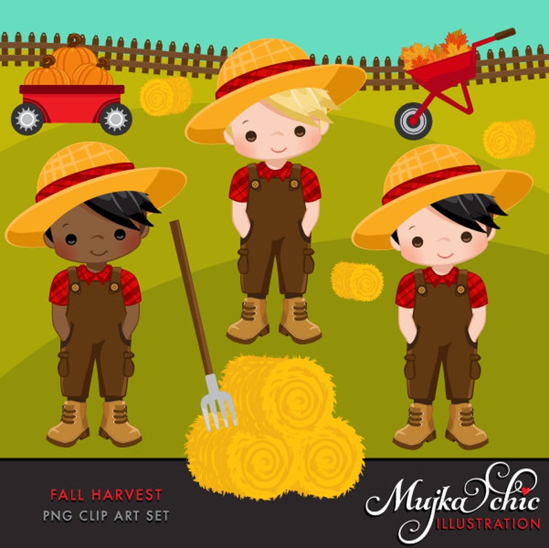 Farm clipart Fall Harvest. Cute farmer characters, tractor, red barn, haystacks, pick up truck, pumpkins, fall leaves and scarecrow graphics image 2