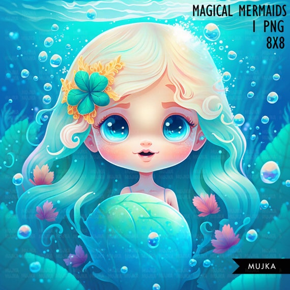 Mermaid wall art, printable mermaid decor, sublimation designs, cute mermaid clipart, undersea watercolor clipart, mermaid background png Il_570xn