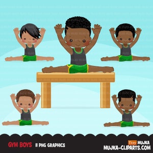 May include: Four illustrations of boys doing a split on a gymnastics balance beam. The boys are wearing black tank tops and green shorts. The balance beam is brown. The background is light blue.