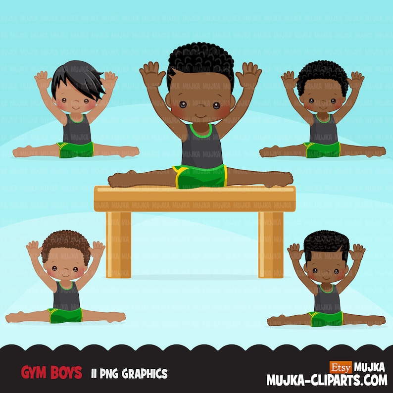 May include: Four illustrations of boys doing a split on a gymnastics balance beam. The boys are wearing black tank tops and green shorts. The balance beam is brown. The background is light blue.