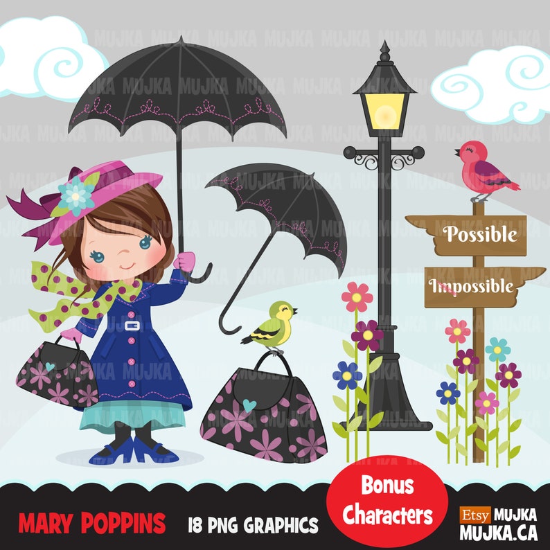 May include: A digital illustration featuring a cartoon character dressed in a blue coat, pink hat, and holding a black umbrella. The image includes two purses, birds, a lamppost, flowers, and text that reads "Mary Poppins" and "Possible".