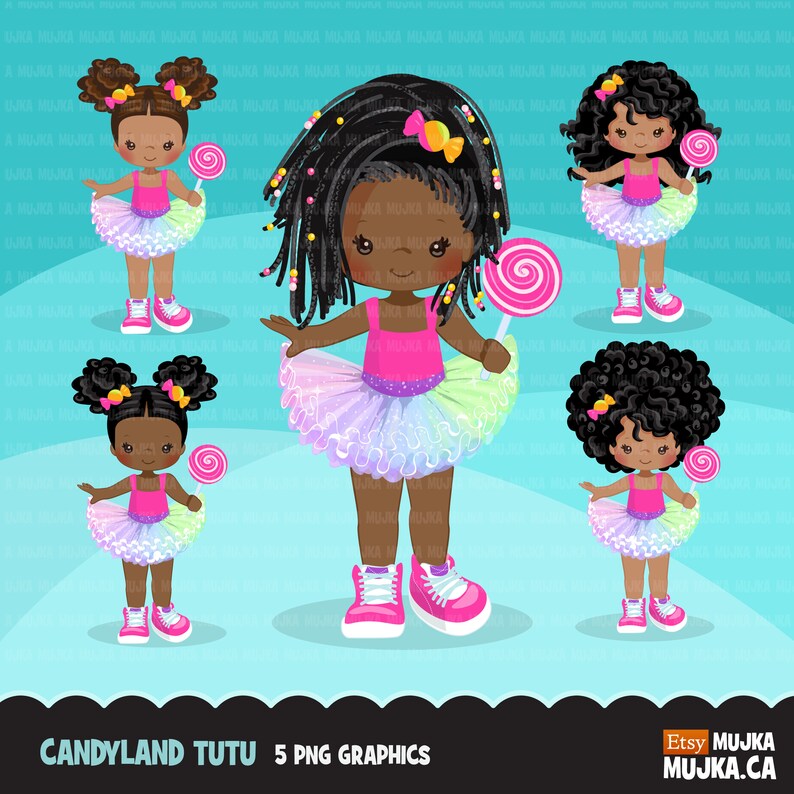 May include: Five digital illustrations of Black girls wearing rainbow tutus and holding lollipops. The girls have different hairstyles, including braids, curly hair, and pigtails. The background is a light blue.