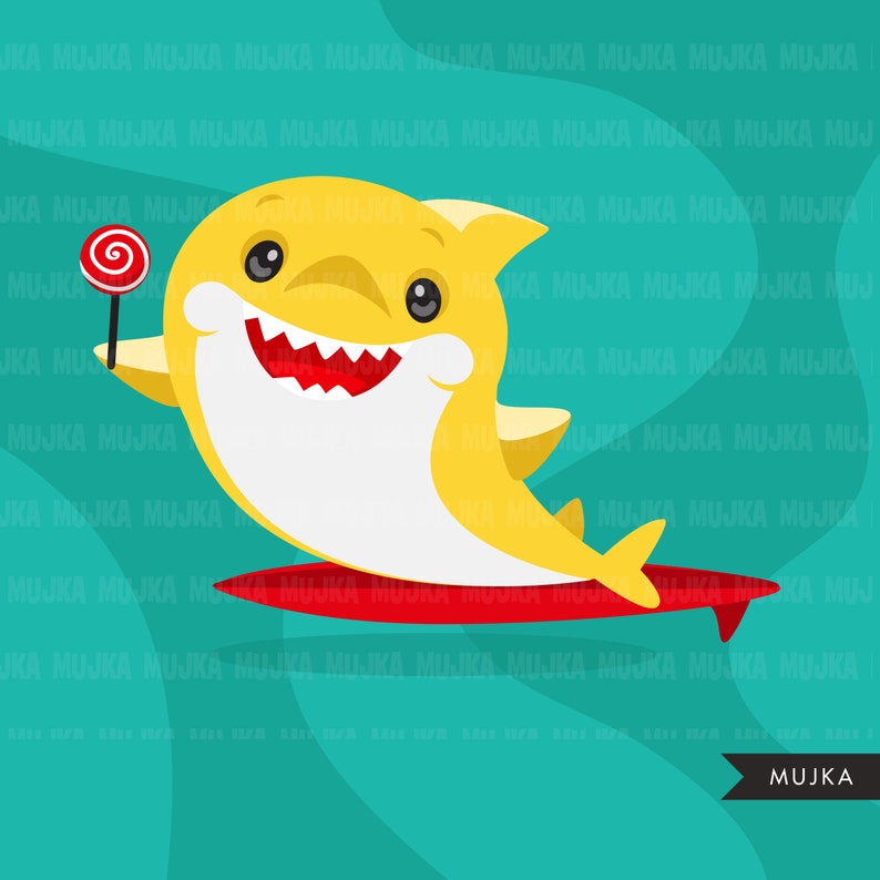 May include: A yellow cartoon shark with a toothy grin is riding a red surfboard. The shark is holding a red lollipop on a stick. The background is a turquoise blue with a wavy pattern.