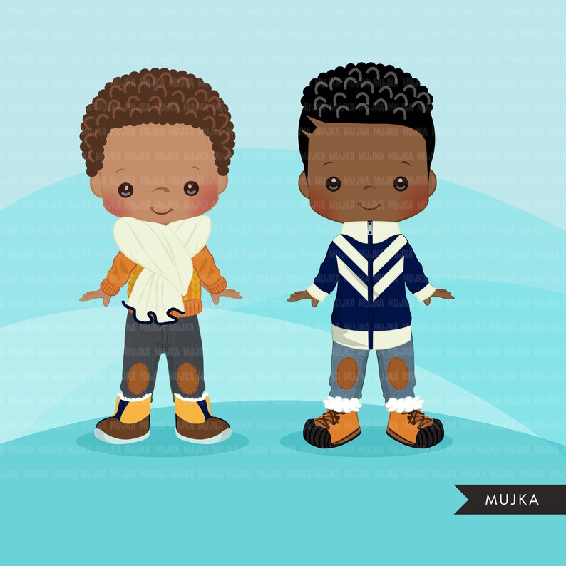 May include: Two cartoon boys wearing winter clothing. One boy is wearing a blue jacket with white stripes, blue jeans, and brown boots. The other boy is wearing an orange sweater, a white scarf, blue jeans, and brown boots.