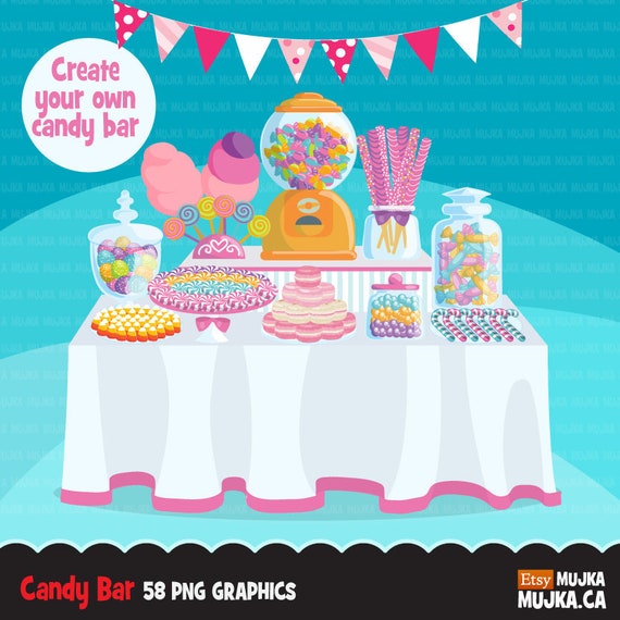 Candy Clipart. Candyland bar display, sweet, lollipop, candy cane, candyfloss, jelly, chocolate pretzel, macaron, candy corn, gumball buffet Il_570xn