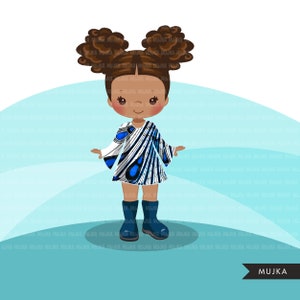 May include: A digital illustration of a young girl with brown hair in two buns wearing a blue and white patterned dress and blue boots. The background is a light blue gradient.