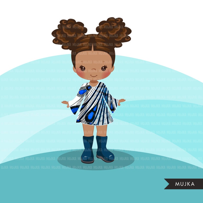 May include: A digital illustration of a young girl with brown hair in two buns wearing a blue and white patterned dress and blue boots. The background is a light blue gradient.