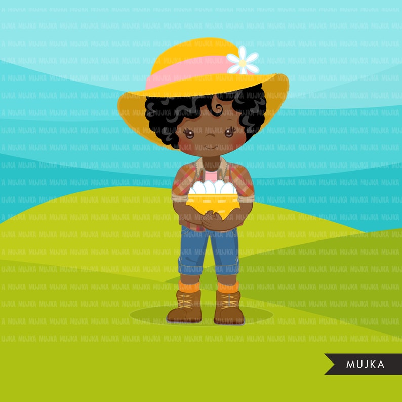 Afro black Farmer Girls clipart, farmer characters with basket of eggs, farmer hat, country graphics, country girl with hat image 2