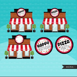 K&ouml;nnte beinhalten: Ein Satz bedruckbarer Pizza-Party-Dekorationen mit einem rot-wei&szlig; gestreiften Vordach, einem Backsteingeb&auml;ude und drei verschiedenen Pizza-Motiven. Die Kreise sagen "Happy Birthday", "Pizza Party" und haben einen leeren Platz f&uuml;r Text.