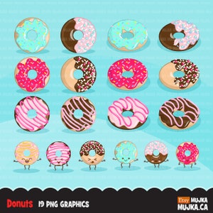 May include: A set of 19 digital graphics featuring cartoon donuts with various toppings and expressions. The donuts are in different colors, including pink, blue, brown, and yellow. Some donuts have sprinkles, chocolate chips, or stripes. Some donuts have happy faces with eyes, mouths, and arms.