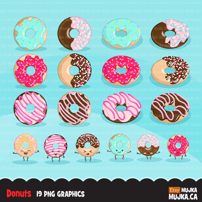 May include: A set of 19 digital graphics featuring cartoon donuts with various toppings and expressions. The donuts are in different colors, including pink, blue, brown, and yellow. Some donuts have sprinkles, chocolate chips, or stripes. Some donuts have happy faces with eyes, mouths, and arms.