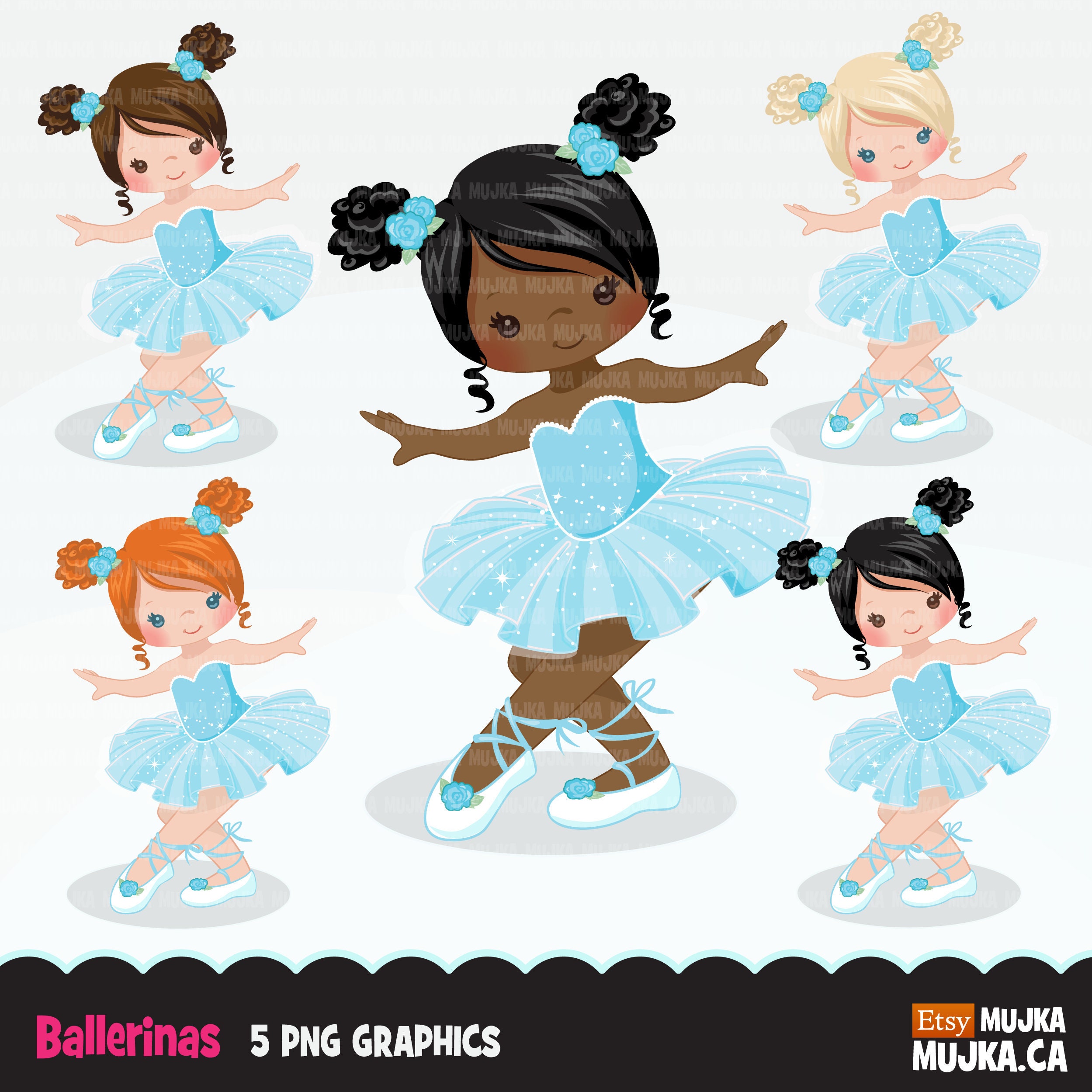 Ballerina Clipart, Chic Ballet Characters, Black, Card