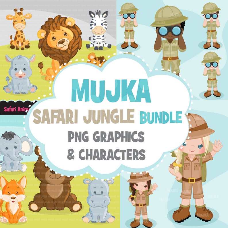 May include: A set of safari and jungle themed clip art graphics featuring animals, people, and text. The text reads "Mujka Safari Jungle Bundle PNG Graphics & Characters".