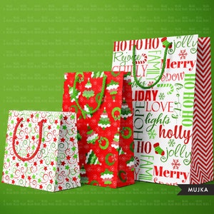 以下が含まれることがあります： 異なるデザインの赤と緑のクリスマスギフトバッグ3つ。1つのバッグは、赤と緑の雪片、キャンディーケーン、そして「Ho Ho Ho」、「Jolly」、「Merry」、「Family」、「Love」、「Lights」、「Holly」、「Hope」の文字が書かれた白い背景。もう1つのバッグは、白と緑のクリスマスツリー、雪片、オーナメントが描かれた赤い背景。3つ目のバッグは、赤と緑の渦巻きと星が描かれた白い背景です。