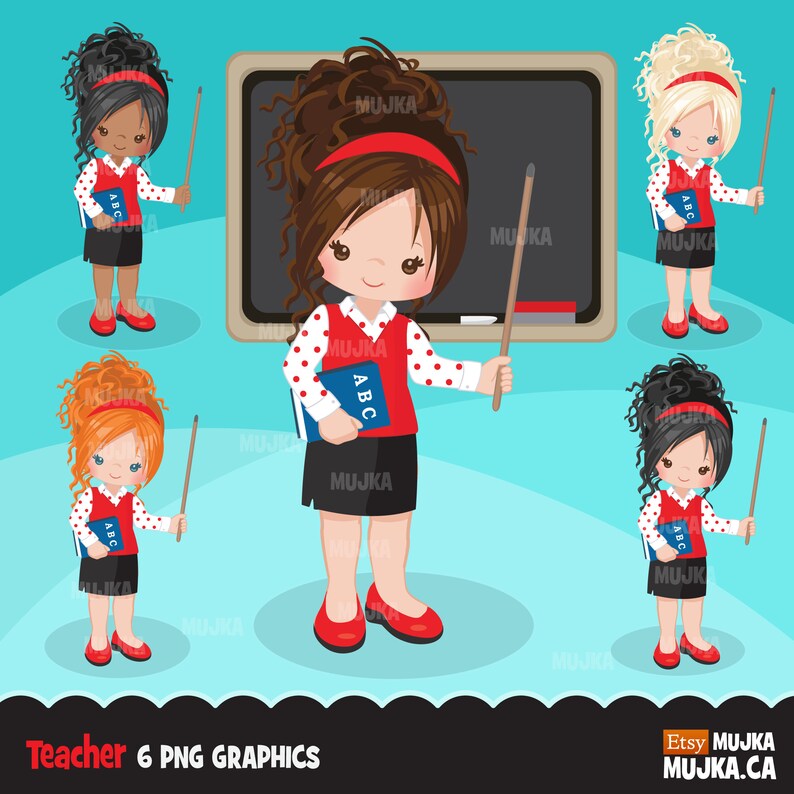 May include: A cartoon illustration featuring six teachers with varying hair colours and skin tones. Each figure is dressed in a red and white polka dot top, black skirt, and red shoes. They hold a pointer and a blue book marked "ABC". A chalkboard is in the background.