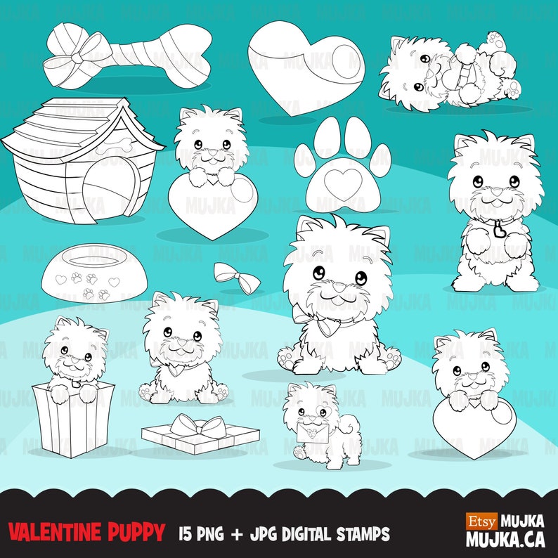 Valentine PUPPY DOG Digital Stamps. Cute animals, dog bowl, bone house valentine's day coloring outline art, B&W, embroidery digitizing image 1