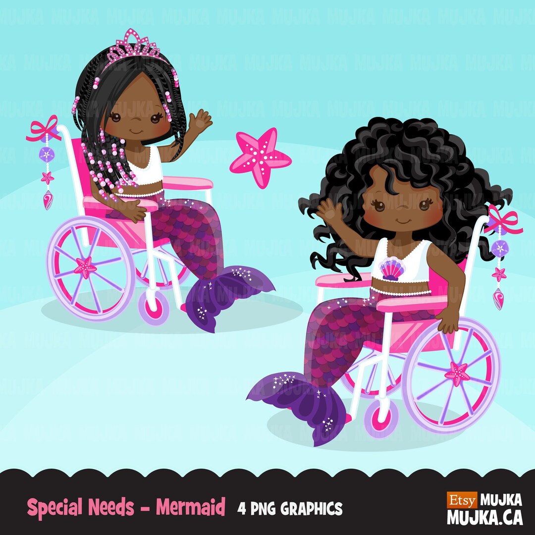 Special Needs Wheelchair Clipart, Mermaid Princess Clipart, Disability, Characters, Black