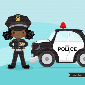 K&ouml;nnte beinhalten: Eine Cartoon-Illustration eines schwarzen M&auml;dchens, das als Polizistin verkleidet ist, mit einem schwarz-wei&szlig;en Polizeiauto. Das M&auml;dchen tr&auml;gt eine schwarze Polizeiuniform mit einem goldenen Abzeichen und einen schwarzen Hut mit dem Wort "POLICE" darauf. Das Polizeiauto hat das Wort "POLICE" an der Seite.
