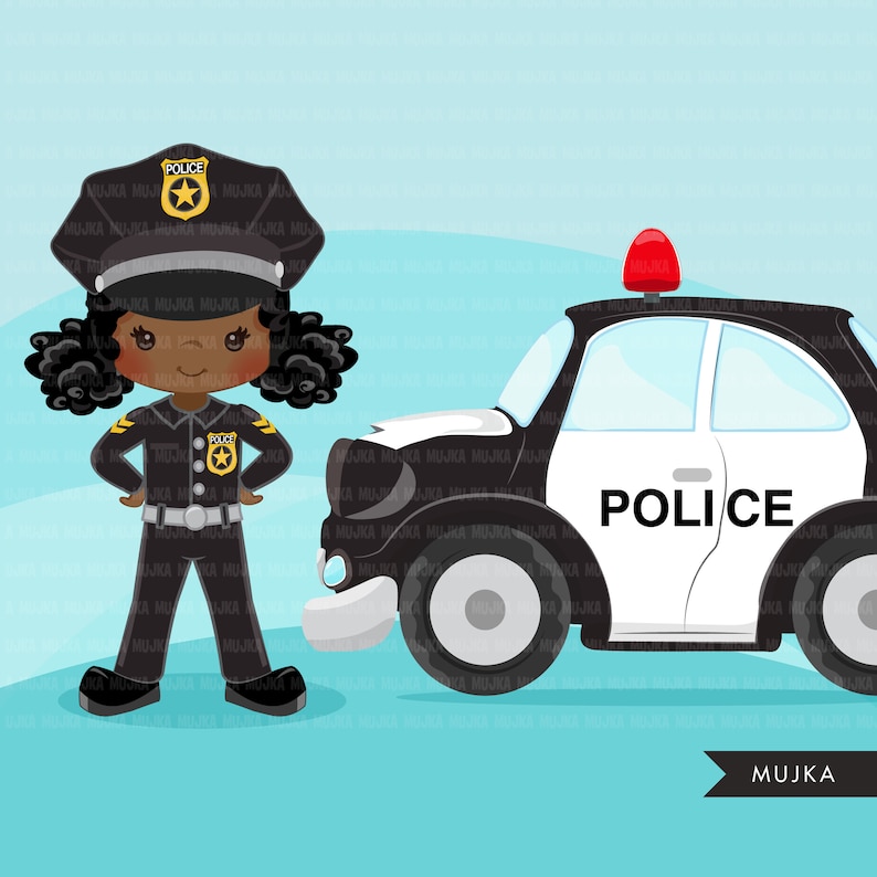 K&ouml;nnte beinhalten: Eine Cartoon-Illustration eines schwarzen M&auml;dchens, das als Polizistin verkleidet ist, mit einem schwarz-wei&szlig;en Polizeiauto. Das M&auml;dchen tr&auml;gt eine schwarze Polizeiuniform mit einem goldenen Abzeichen und einen schwarzen Hut mit dem Wort "POLICE" darauf. Das Polizeiauto hat das Wort "POLICE" an der Seite.