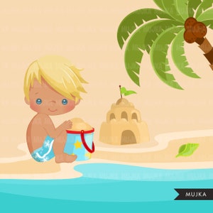 Beach Fun Clipart for Boys, Summer Cliparts. Beach, swimming boy, snorkel, surf board, sand bucket, beach ball, vacation palm tree clip art image 3