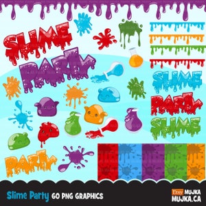 Könnte beinhalten: Ein Set mit 60 digitalen Grafiken für Schleim-Partydekorationen. Die Grafiken beinhalten bunten Schleim, Glitzera Augen und die Worte "Slime Party" in verschiedenen Farben und Stilen.