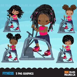 May include: Five digital illustrations of Black girls working out on an elliptical machine. The girls have different hairstyles and are wearing pink shirts and blue pants. The elliptical machine is gray and has a black base.